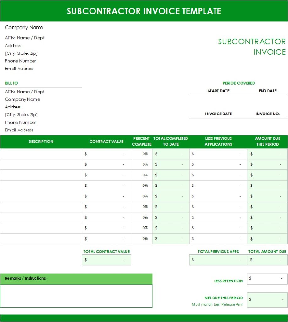 Excel Sub Contractor Invoice Template
