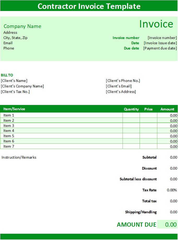 Fillable Contractor Invoice Template