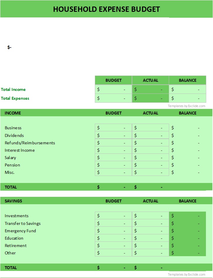 Household Expense Budget Template
