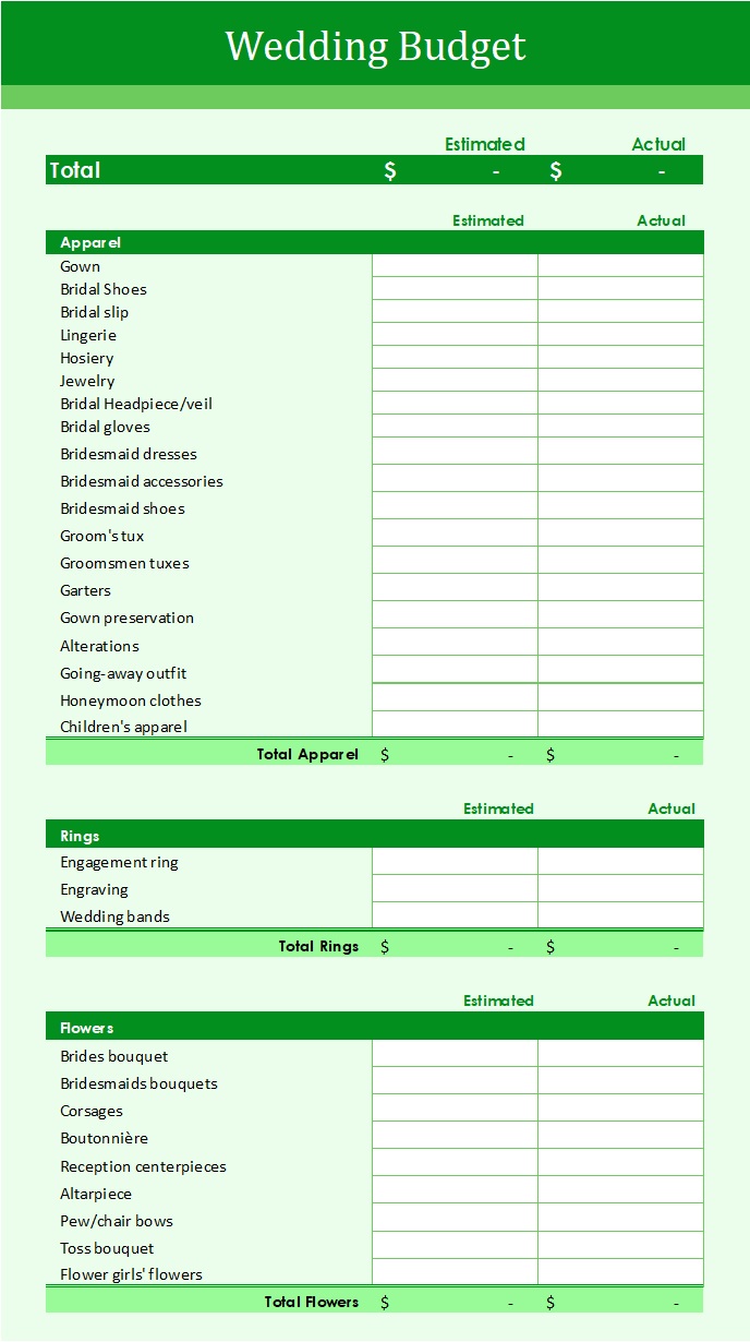 Wedding Budget Worksheet